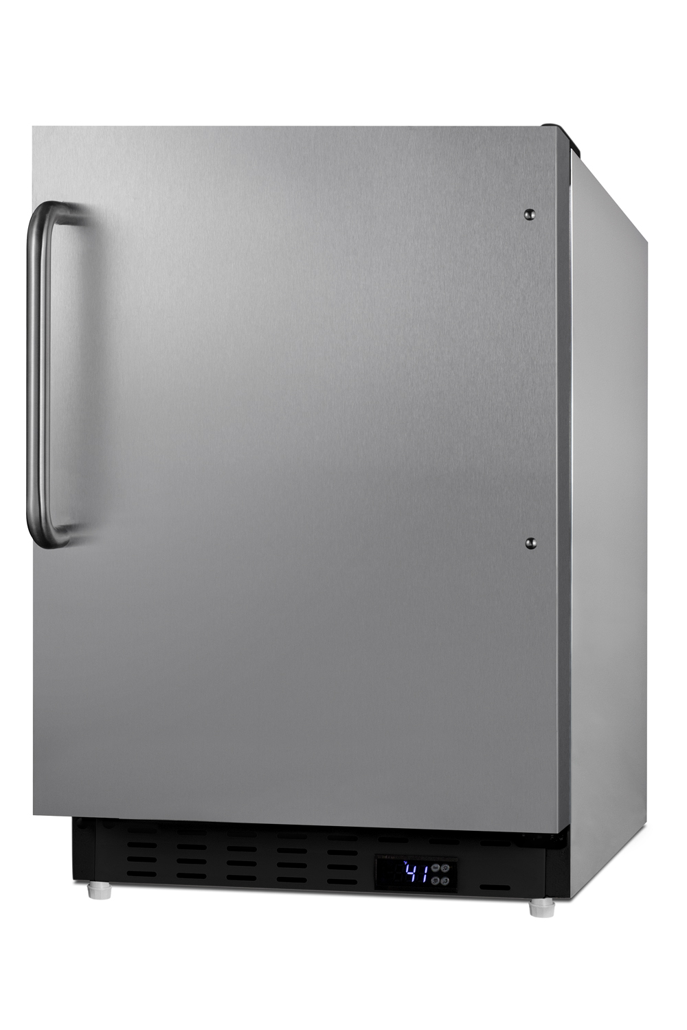 Built-in undercounter ADA compliant residential all-refrigerator with SS cabinet and door, towel bar handle, with door storage and automatic defrost operation